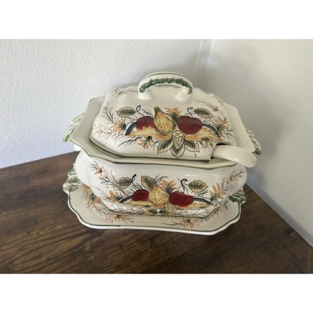 RARE 4-PC Royal Sealy Plum Harvest Soup Tureen Matching Platter Lid & Ladle 60's